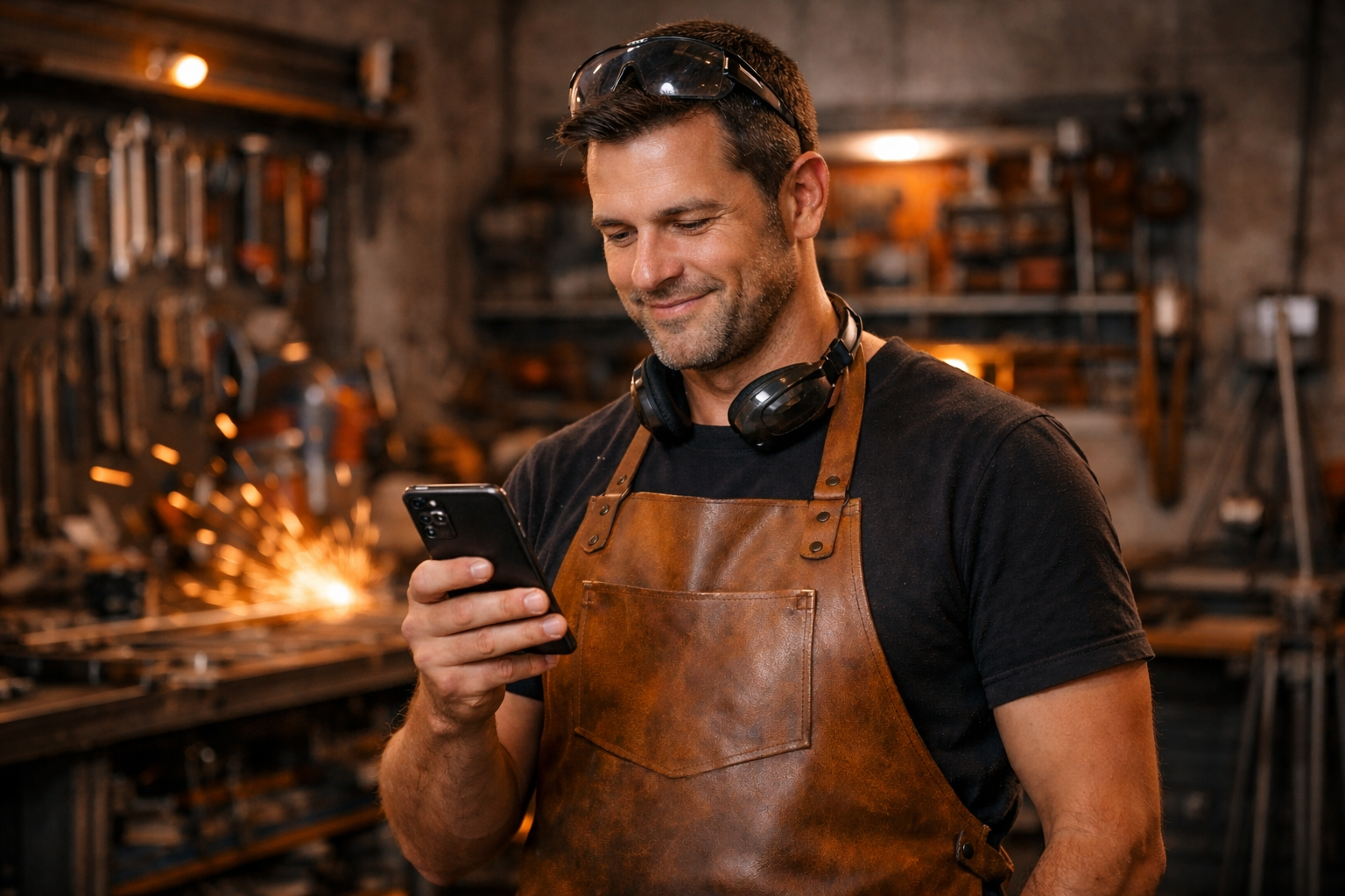 Serralheiro confiante na oficina